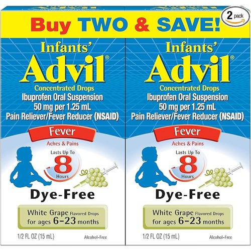 Infants' Advil Liquid Pain Reliever and Baby Fever Reducer, Infant Ibuprofen Dye Free Pain Relief and Fever Medicine, White Grape - 0.5 Fl Oz (2 Pack)