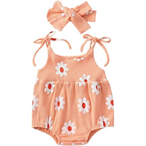 Kupretty Newborn Baby Girl Summer Clothes Waffle Knit Sleeveless Strap Daisy Romper Bodysuit Jumpsuit Cute Infant Clothing