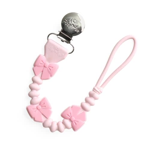 Itzy Ritzy Silicone Pacifier Clip – 100% Food Grade Silicone Pacifier Strap with Clip Keeps Pacifiers, Teethers & Small Toys in Place – Features One-Piece Design & Cord (Pink Bows)
