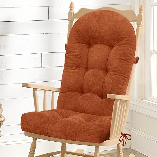 Rocking Chair Cushion - Chenille Fabric, High-Density Sponge, Durable Comfort Non-Slip Bottom Tufted Seat Pads with Ties, Chenille︱Orange, 44x19x4 inch
