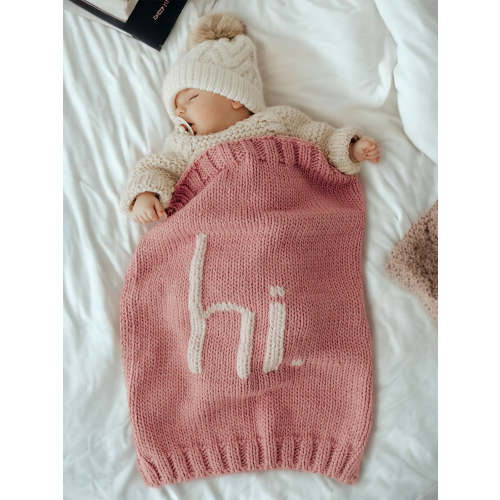 Hi. Hand Knit Blanket, Rosy Pink