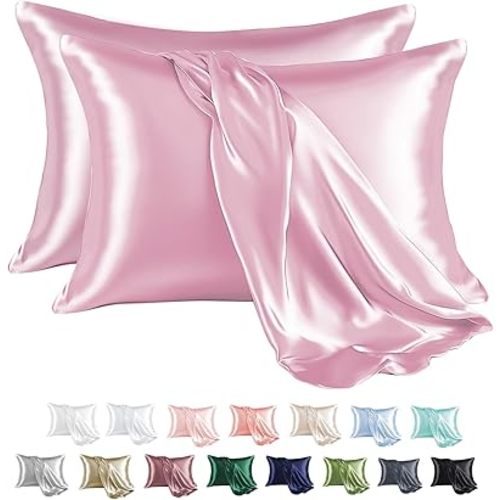 MR&HM Satin Pillowcase for Hair and Skin, Silk Satin Pillowcase 2 Pack, Queen Size Pillow Cases Set of 2, Silky Pillow Cover with Envelope Closure (20x30, Pink)