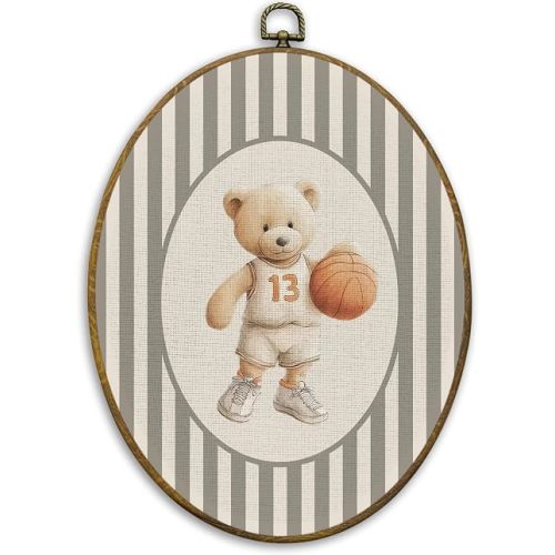 CUANFDDSF Bear Nursery Basketball Oval Wall Art Decor, Sports Wall Hanging Decor, Neutral Striped Basketball Player Bear Framed Canvas Prints for Kids Boy Nursery Room Bedroom Playroom, 8.6x11.4 Inch