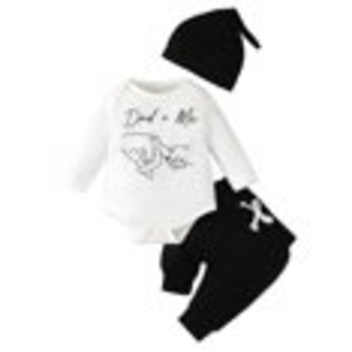 Kucnuzki Newborn Baby Boys Outfits 3-6 Months Round Neck Long Sleeves Romper Top Letter Print Top Solid Color Pants with Hat 3pcs Baby Boys Pant Sets White