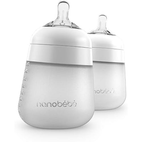 Nanobebe Flexy Silicone Baby Bottles, Anti-Colic, Natural Feel, Non-Collapsing Nipple, Non-Tip Stable Base, Easy to Clean - 2-Pack, White, 9 oz