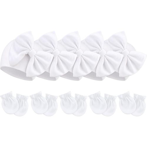BQUBO Newborn Baby Girls Hats Mittens Set Hospital Hat Beanie Infant Bow Hats Baby Cotton Gloves for 0-6 Months
