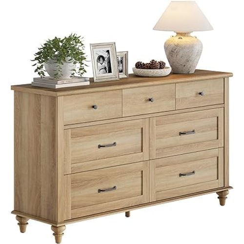 WAMPAT Dresser TV Stand for 65 Inch TV, Farmhouse TV Console Table Entertainment Stand with 7 Drawers, Wooden Media Storage Dresser for Living Room Bedroom, Oak, 54 Inch