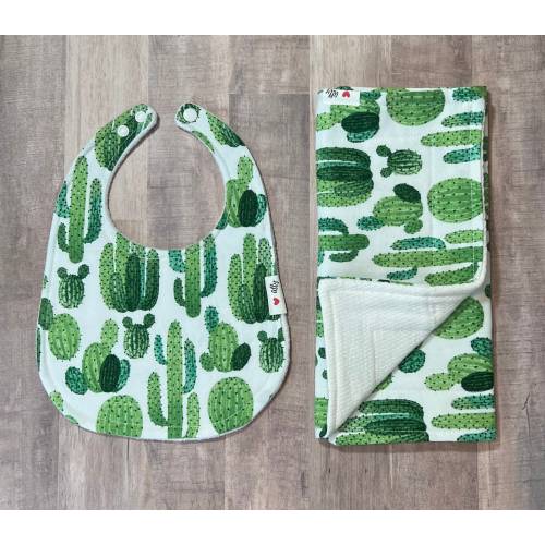 Cactus baby bib & burp cloth set, gender neutral, desert theme nursery, shower gift, absorbent, infant, green
