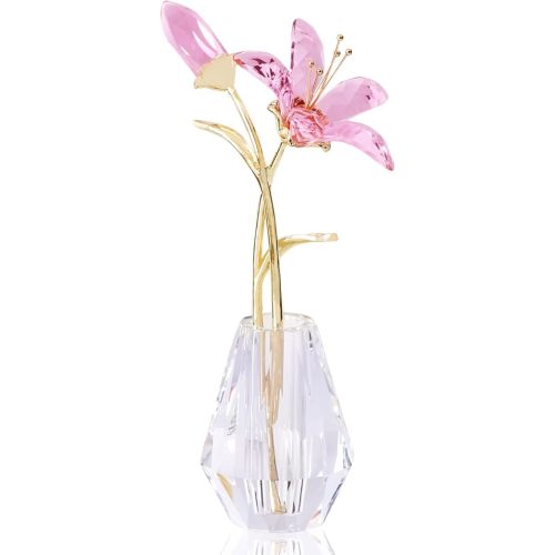 YWHL Crystal Lily Flower Figurine with Vase, Handmade Pink Lily Flower Gifts for Woman, Wedding Gifts for Couple, Home Party Decorations (Pink Lily)