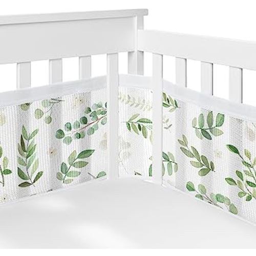 Sweet Jojo Designs + BreathableBaby Green Boho Floral Leaf Boy or Girl Breathable Mesh Crib Liner Anti-Bumper Baby and Infant - Sage Bohemian Gender Neutral Watercolor Botanical Woodland Garden Nature