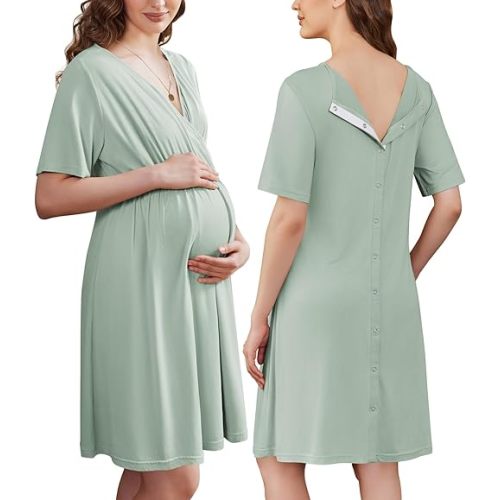 Ekouaer Labor and Delivery Gown for Hospital Short Sleeve Maternity Nursing Dress Nightgown with Button S-XXL