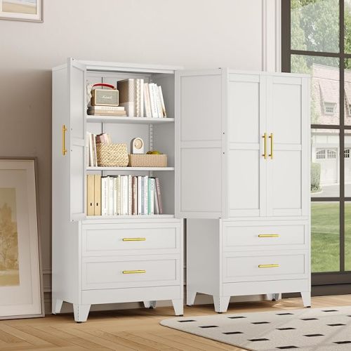 Metal Armoire Wardrobe Closet, 71 "Metal Clothing Storage Cabinet with Adjustable Shelves and Hanging Rod, Household Steel Wardrobe Storage Cabinet with Drawers (armoire-White)