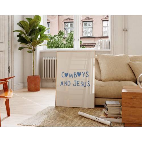 Cowboys and Jesus Poster Cute Western Print Heart Typography Wall Art Blue Christian Print Trendy Cowgirl Poster Digital Download 1 Print