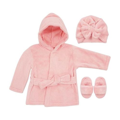 Rising Star Pink Baby Girls Bathrobe Towel, Slippers And Turban, Bath Robe Spa Set For Infants 0-9 Months
