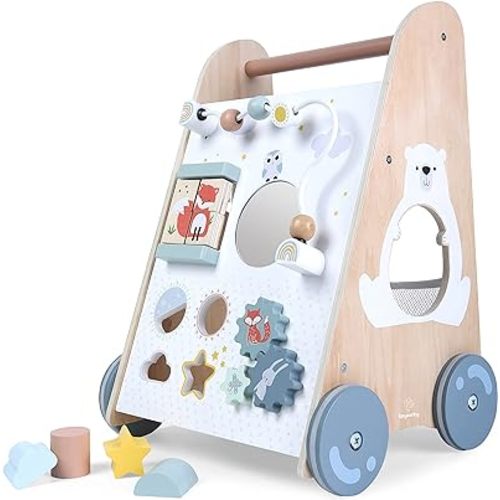 Wooden Baby Push Walker - Wooden Baby Walker Push Toy with Easy Grip Handle - Educational Toddler Walking Toy with Wheels - Learning Activity Infant Walkers with Built-In Toys for Boy, Girl