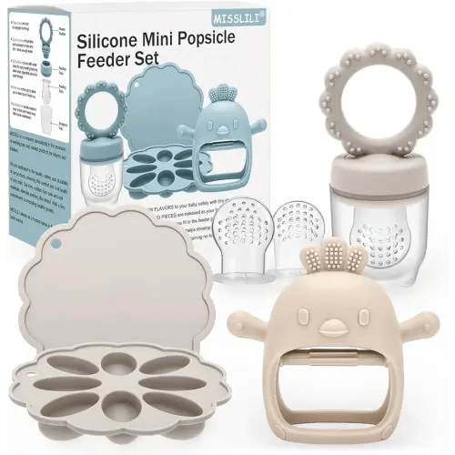 3 Pack Silicone Teething Mitten for Babies with Baby Fruit Food Feeder & Freezer Tray Set, BPA Free Infant Teething Relief Toy for 3 Month+, Additional Silicone Sacs