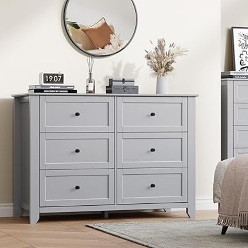 IDEALHOUSE Grey Dresser for Bedroom, Large 6 Drawer Dresser with Deep Drawers & Metal Knobs, Modern Wooden Double Chests of Drawers for Entryway, Hallway