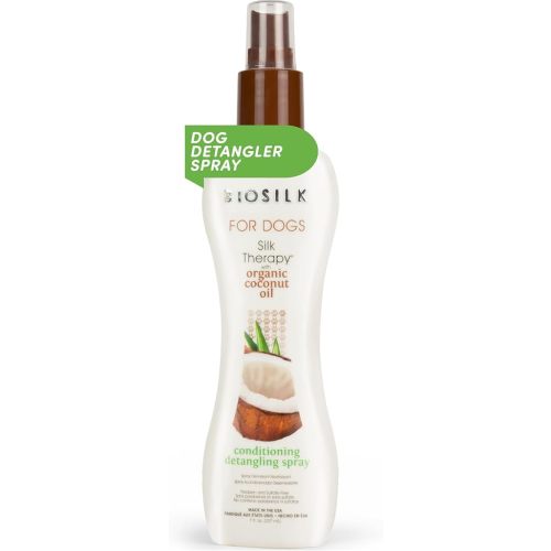 BioSilk Silk Therapy Conditioning Detangling Spray for Dogs with Natural Coconut Oil - Dog Matted Hair Detangler Conditioner for Dogs, Dematting Grooming Supplies, 7 Fl Oz