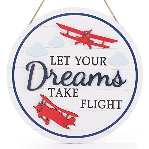 TOARTi 3D Airplane Wooden Wall Hanging (12''x12''), Let Your Dream Take Flight Inspirational Quote Door Sign, Rustic Aircraft Wall Hanging for Toddler Kids Room Nursery Playroom Classroom Decor