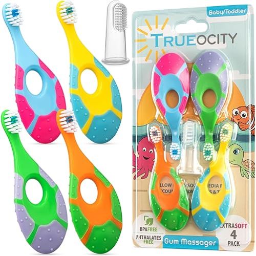Baby Toothbrush 4 Pack, Toddler Toothbrush Age 1-2 & Bonus Silicone Finger Brush, Soft Bristles, Toddler Toothbrushes, Infant & Training w/Teething Handle, 0-2 Years, Multi Color Set