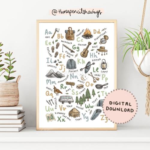 Camping Alphabet Print | Illustrated A-Z Adventure Poster | ABC Kids Great Outdoors Nursery Decor | Baby Shower Gift | DIGITAL DOWNLOAD