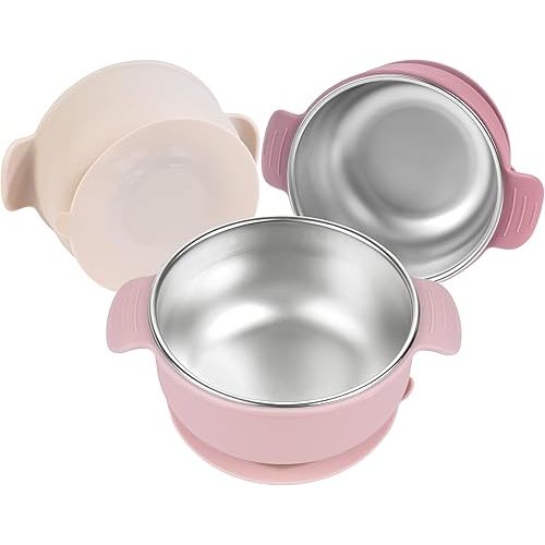 Bella’s Friends Stainless Steel and Silicone Baby Bowls with Suction 3 Pack, 4.3” for Toddlers Kids Feeding, Non-Slip, Non-Toxic, Mess-Free, Dishwasher Safe, Fit High Chair Size, light pink beige pink