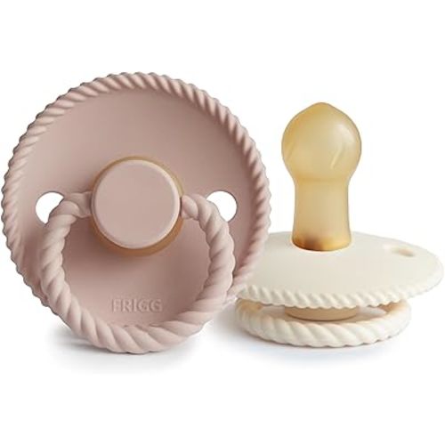 FRIGG Rope Natural Rubber Baby Pacifier | Made in Denmark | BPA-Free (Blush/Cream, 0-6 Months)