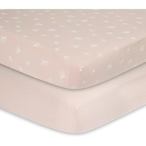 Ely’s & Co. Pack N Play│Playard│Portable Crib Sheet 2-Pack - Combed, 100% Jersey Cotton for Baby Girl — Rosewater Pink, Pin Dots & Gingko Leaves