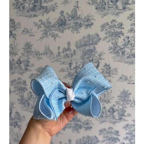 Blue bow with pearl accents , baby bow , boutique bow