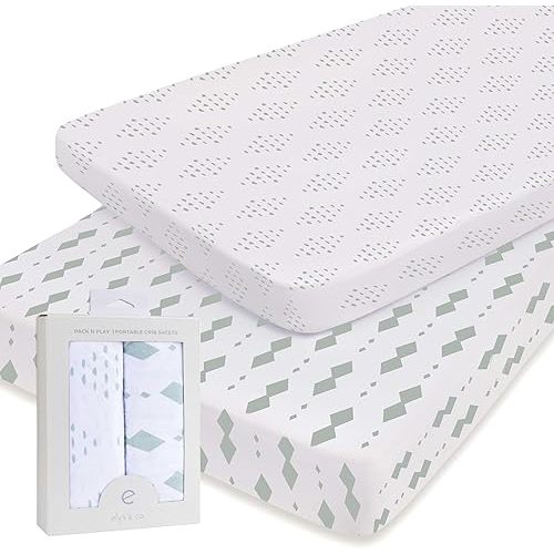 Ely's & Co. Pack N Play Fitted Playard Sheets - Breathable 100% Jersey Knit Cotton - Unisex Mini Crib Mattress Cover - Grey Sage Diamond - 2 Pack Set
