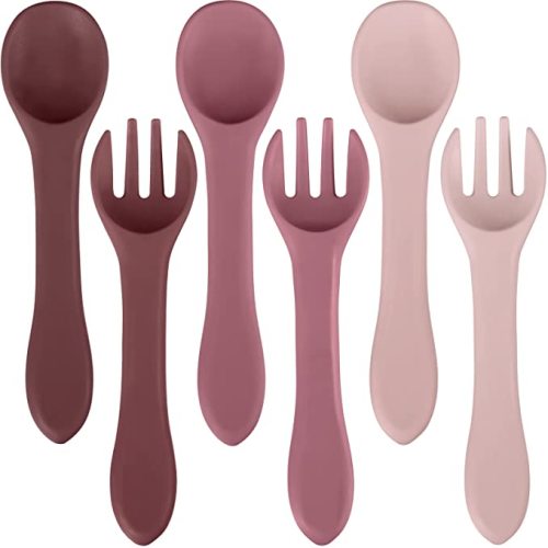 6 Pieces Silicone Baby Feeding Forks and Spoons Set Hot Safety First Stage Self Feeding Supplies Mini Kids Utensils for over 6 Months Babies Boy Girl Toddlers First Foods (Princess Color,Simple Style)