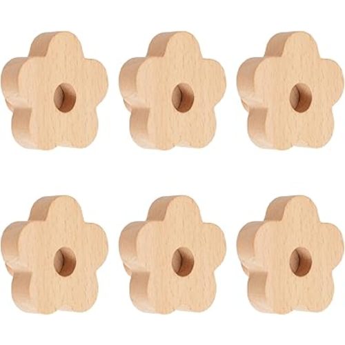 MOROBOR Flower Shaped Wooden Knobs,6pcs Natural Handmade Wood Knob Single Hole Beech Wood Handles for Drawer Wardrobe Cabinet Dresser with Screws& Expansion Tube