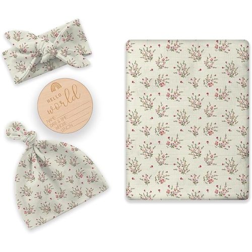 Newborn Swaddle Set with Matching Hat and Headband Bow, Wooden Birth Announcement Card, Muslin Baby Swaddle Blankets for Girls, Wildflower Pattern