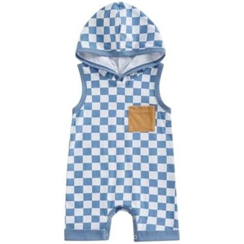 Baby Boy Romper Sleeveless Checkerboard Hooded Jumpsuit Newborn Tank Tops Infant One Piece Outfit Summer Clothes