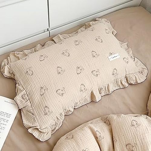AOJIM Cute Rabbit Muslin Cotton Kids Toddler Pillowcase for Boys Girls Super Soft Baby Crib Bedding Pillowcase with Ruffle Edges Machine Washable Nursery Pillowcase, Durable Kids Pillow Cover, 20*12''