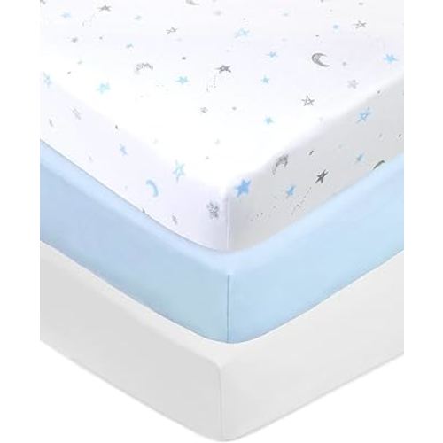 American Baby Company 3 Pack 100% Natural Cotton Fitted Crib Sheets 52" x 28" - Soft, Breathable, Hypoallergenic & Gentle Toddler Bed Sheets, Blue Stars/Blue/White, Neutral for Boys & Girls