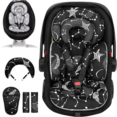 TinlyFinly Infant Car Seat Insert with Extra Cushion for Preemie to Toddler, Reversible Newborn Carseat Insert Head Support, Fits for Stroller, Baby Swing, Rocker, Bassinets, Bouncer (Black Star)