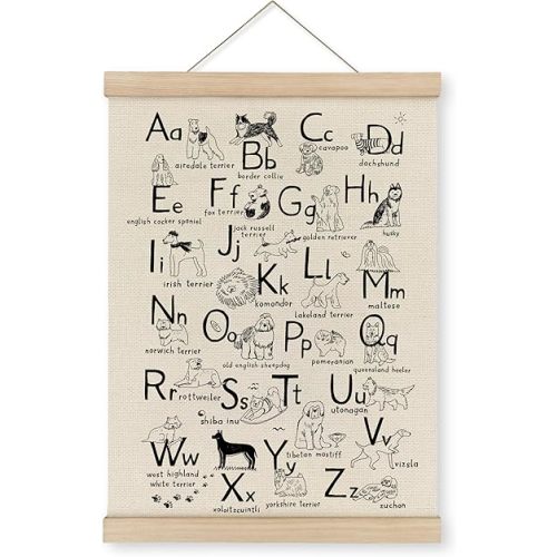 MAQIKA ABC Alphabet Dog Poster Framed with Wood Hanger, Alphabet Banner, Black Abc Poster for Toddlers, Kids Abc Hanging Wall Decor, Dog Breed Canvas Wall Art Paints for Classroom Nursery 12x16