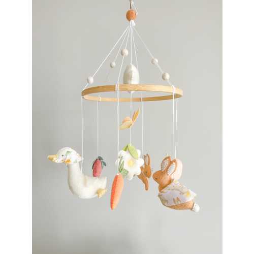 Garden rabbit crib mobile, Garden rabbit nursery mobile, Garden rabbit felt mobile,Mobile with rabbit in the garden,Garden bunny crib mobile