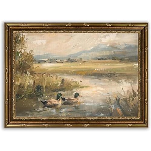 Gold Framed Vintage Ducks Canvas Wall Art, Country Pond Landscape Painting Picture Wall Decor, Farmhouse Wild Animals Poster Print Artwork for Living Room, Bedroom, Kitchen, Home Decoration 9x11in