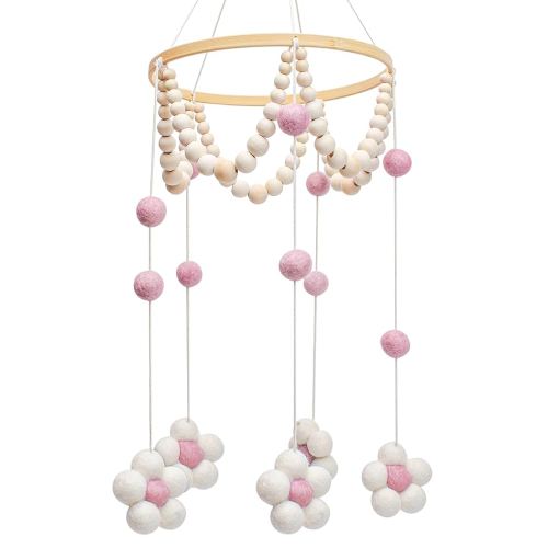 Flower Mobile Hanging Decor – Boho Handmade Crochet Felt Daisy Floral Wind Chimes Ornament for Nursery Wall or Bedroom, Neutral Wooden Decoration, Gift for Home