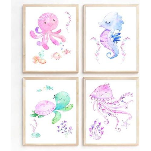 Ocean Animal Nursery Canvas Wall Art Print,Pink Cute Sea Animal Octopus Jellyfish Turtle Seahorse Octopus Print Painting Decor,for Baby Girl's Room Decor Nursery Kids Bedroom Bathroom Decoration,Set of 4(8"x10"inch,Unframed).