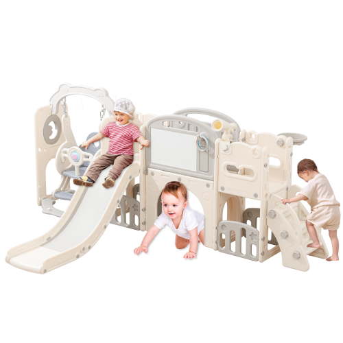 YUFER 8-in-1 Kids Slide & Climber Playset for Toddlers 1-3 – Indoor/Outdoor with Basketball Hoop, Tunnel & Storage, White