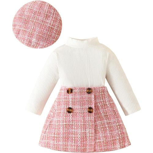 VISGOGO Toddler Girl Skirts Outfit Ribbed Long Sleeve Tops Plaid Tweed Pattern Skirt Beret Baby Fall Winter Clothes
