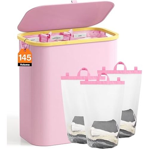Extra Large Laundry Hamper, 145L, 3 Section, Pink, Pre-Sorting Laundry Design with Separate Inner Bags and Sorting Labels
