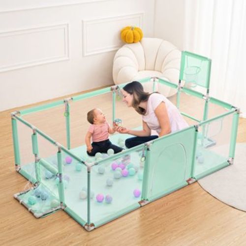 GOTGELIF 71"x48" 4-Panel Baby Playpen Foldable Playard with Basketball Hoop Green