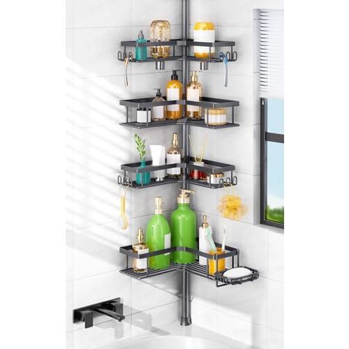 HAMITOR Corner Bathroom Shower Caddy: 4-Tier Rustproof Shampoo Organizer Shelf with Soap Holder - No-Drill Adjustable Standing Tension Pole Rack for Family Homeowners - Space-Saving - 47-123 Inch Gray