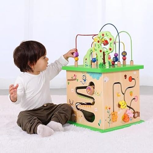 TOOKYLAND 5 in 1 Activity Center, Wooden Large Activity Play Cube 23"X13"X13", Wooden Learning Puzzle Toy for Toddlers, with Animal Friends, Shapes, Mazes, Shape Sorter