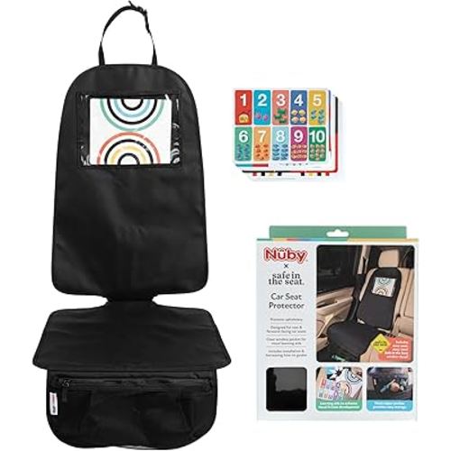 Nuby x Safe In The Seat Car Seat Protector - Compatible with Rear & Forward Facing Car Seats - Visual Learning Pocket, Mesh Storage & Adjustable Strap