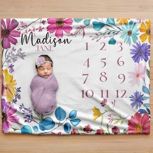 Personalized Girl Baby Milestone Blanket, Girls Wildflower Monthly Floral Month Age Growth, Custom Baby Blankets, New Mom Baby Shower Gift